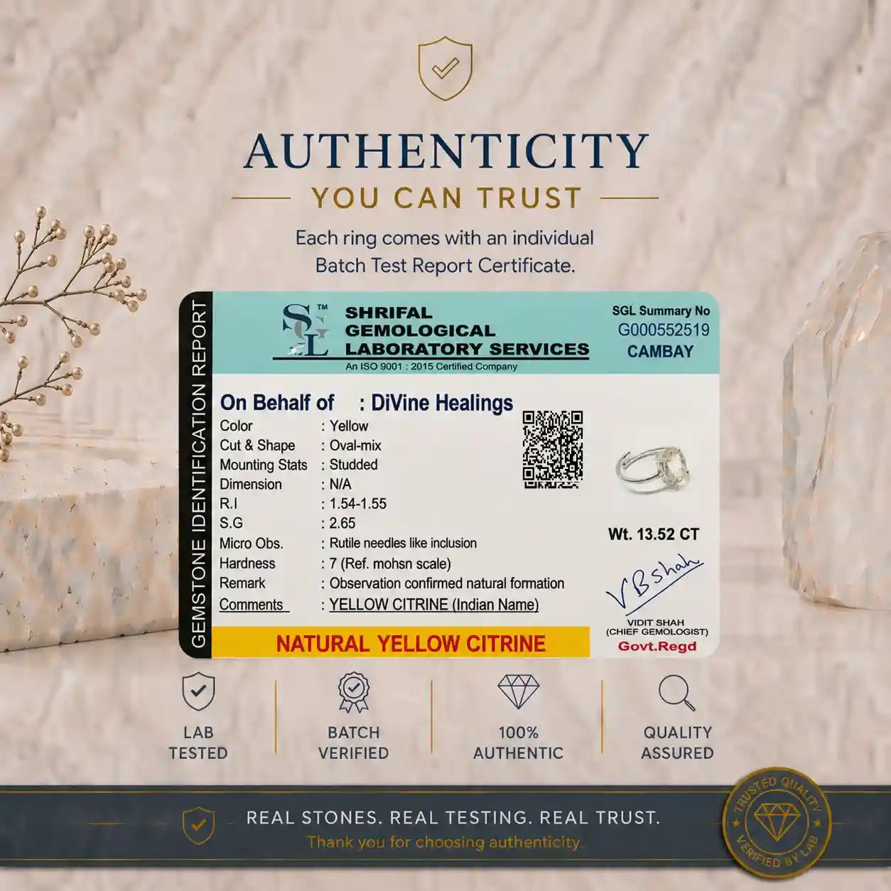 Authenticity Certificate for Citrine Ring