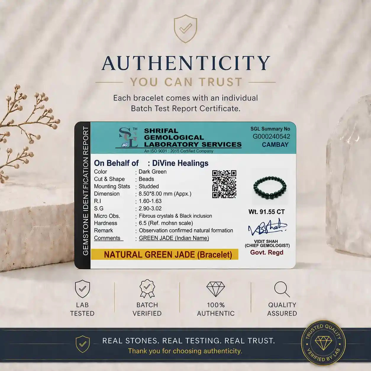 Authenticity Certificate for Green Jade Bracelet