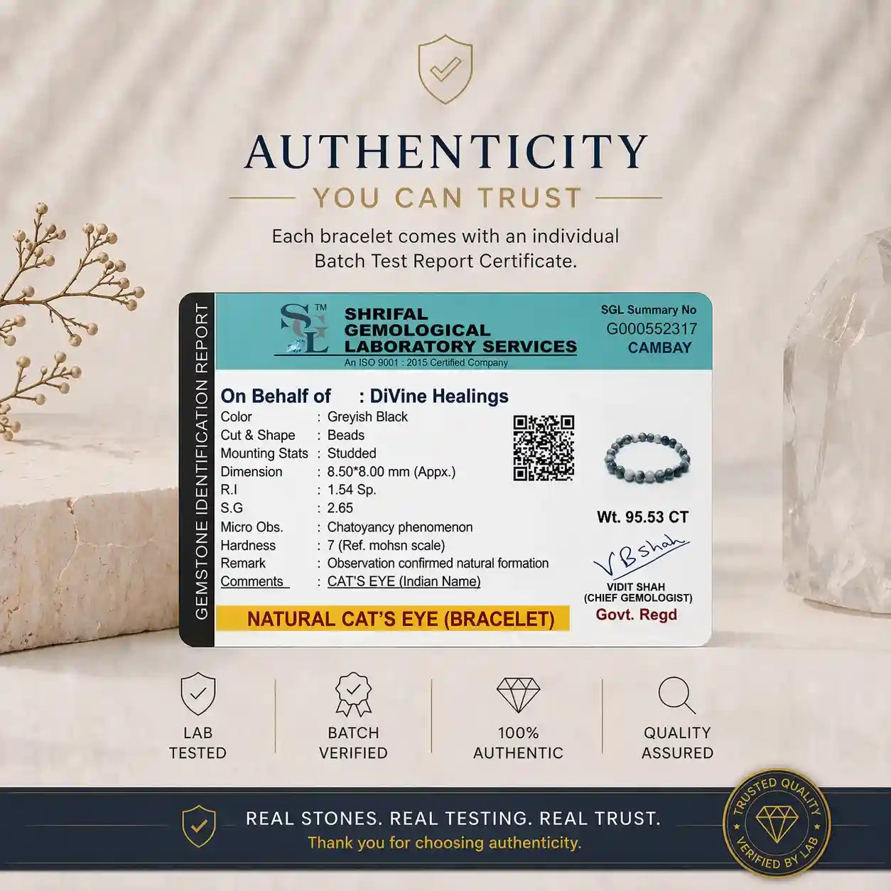 Authenticity Certificate for Gray Cat's Eye Bracelet