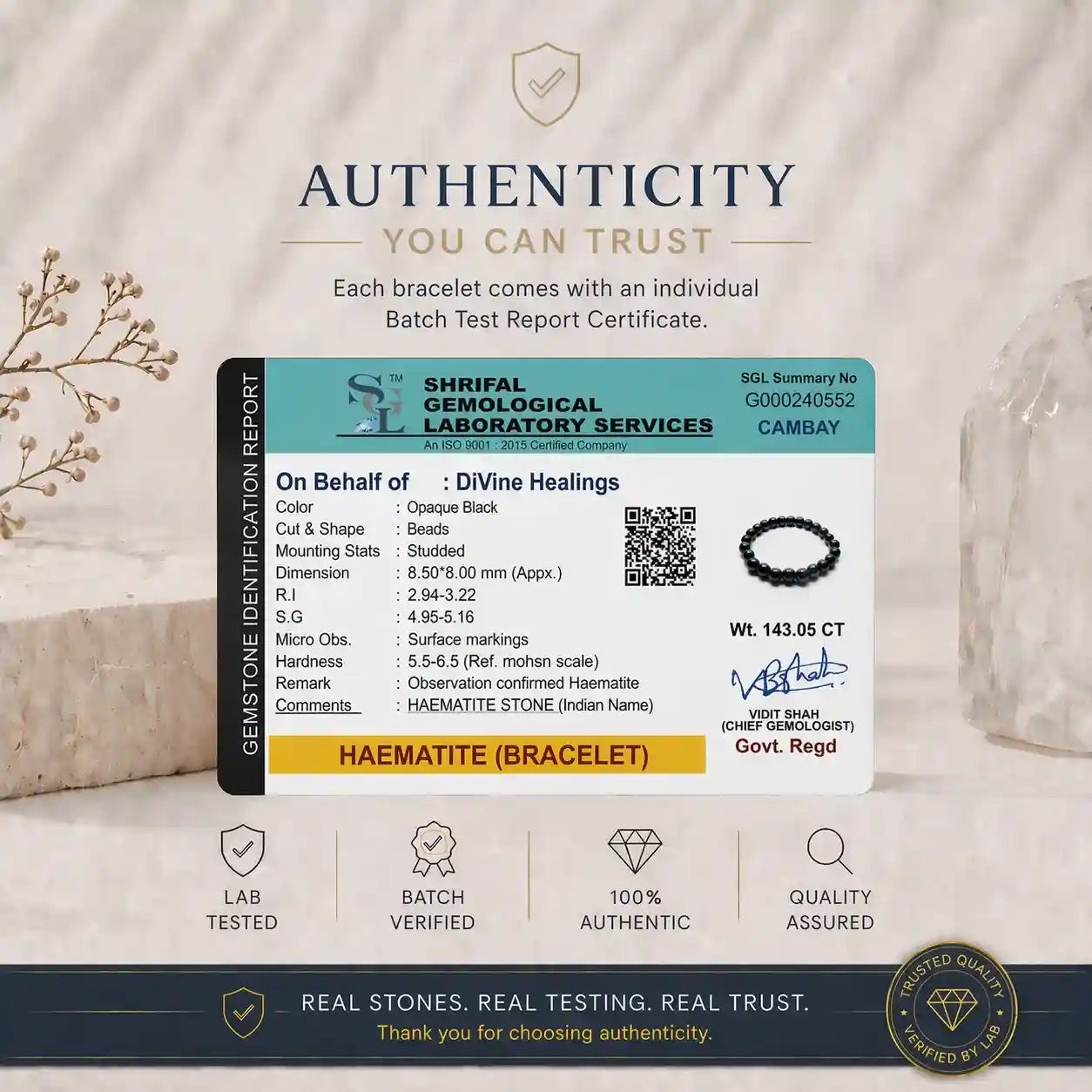 Authenticity Certificate for Hematite Bracelet
