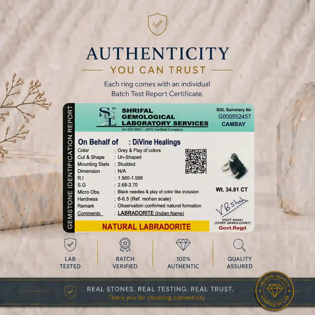 Authenticity Certificate for Raw Labradorite Ring