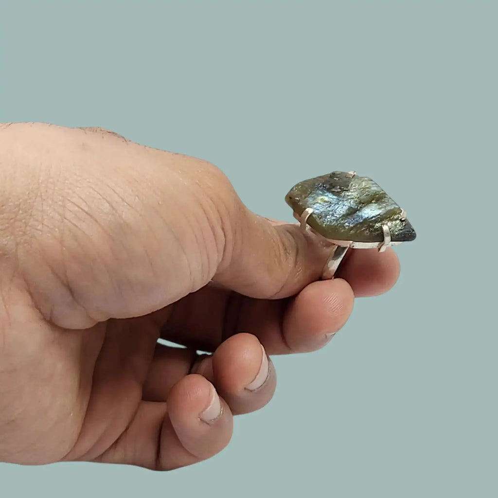 Raw Labradorite Ring in hand