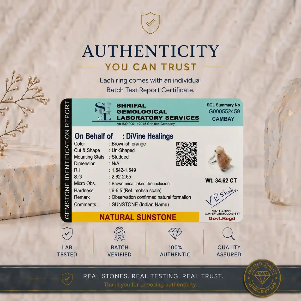 Authenticity Certificate for Raw Sunstone Ring