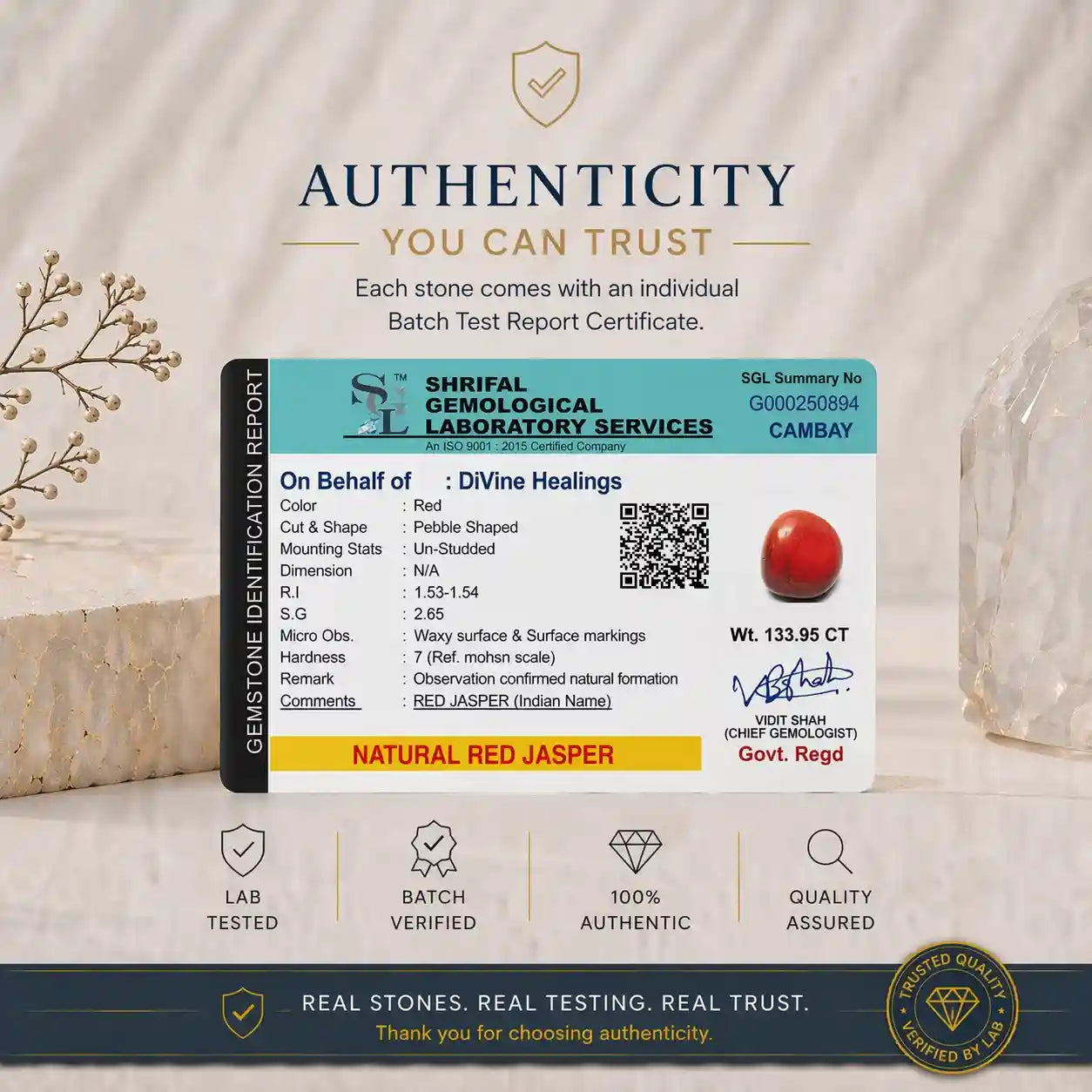 Authenticity Certificate for Red Jasper Stone