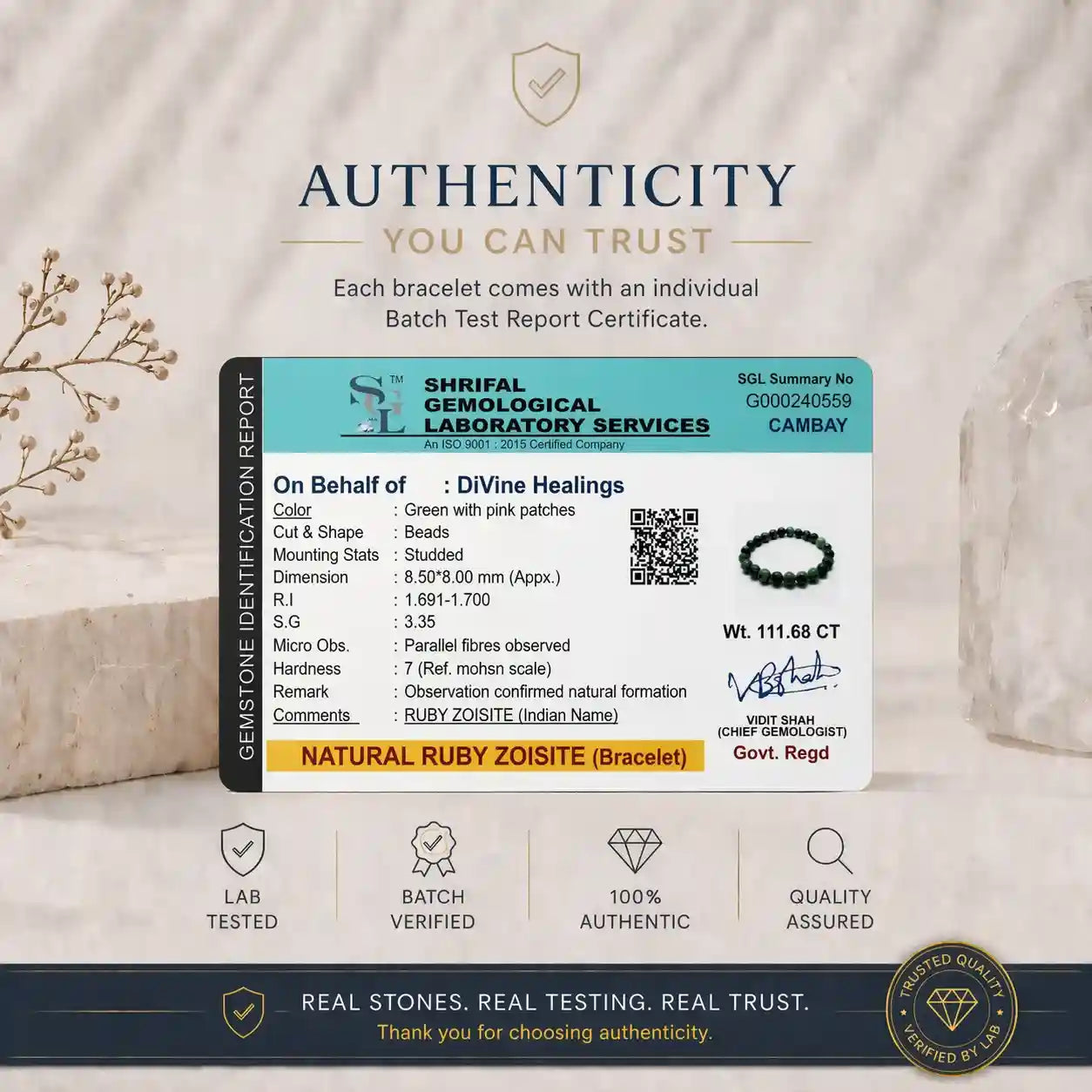 Authenticity Certificate for Ruby Zoisite Bracelet 