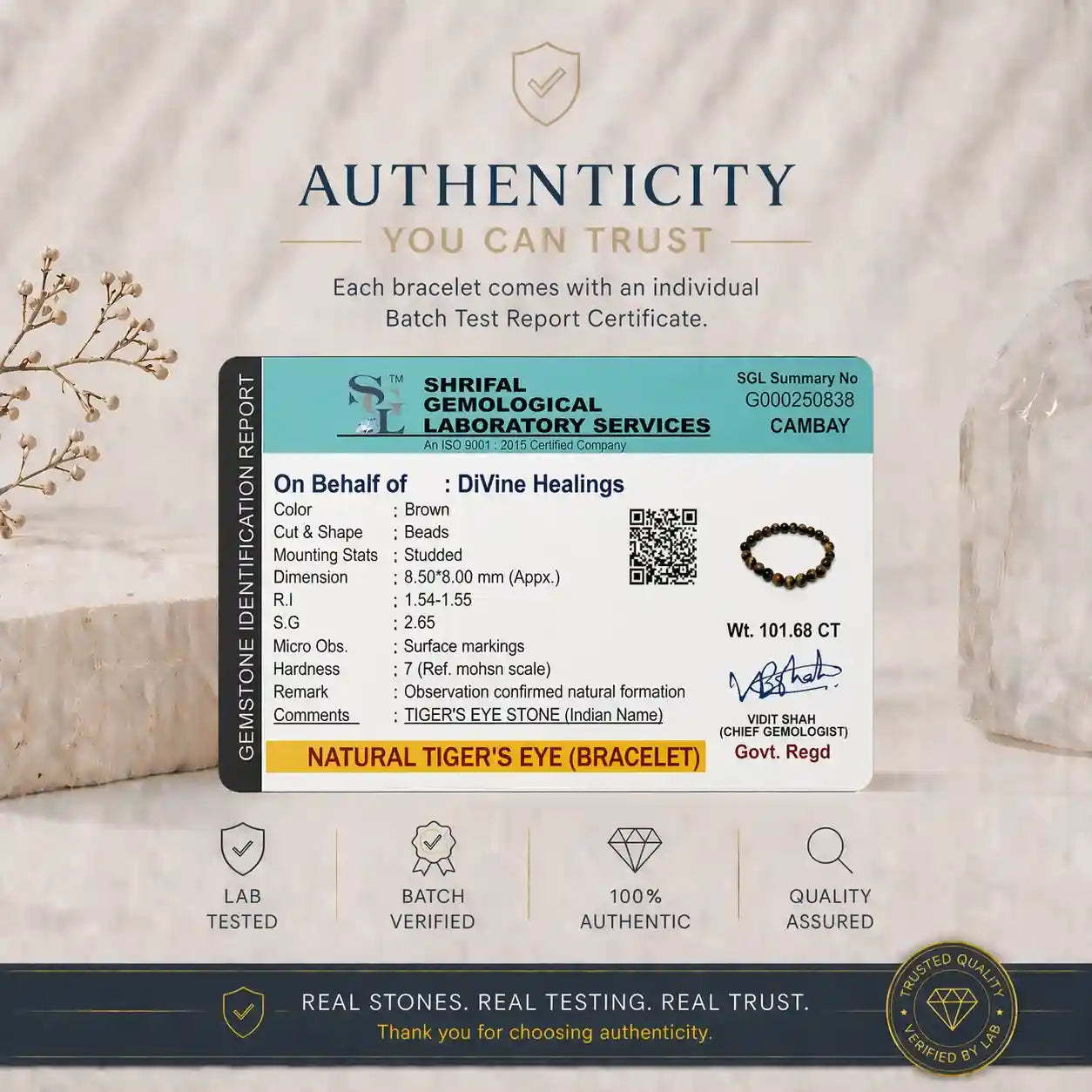 Authenticity Certificate for Tiger's Eye Bracelet
